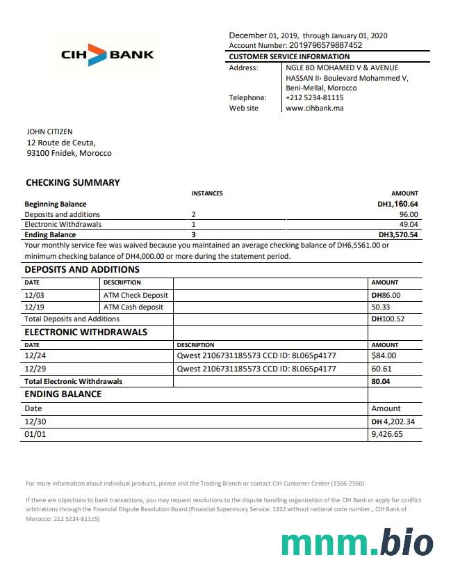Maroko CIH Bank szablon w formacie excel pdf
